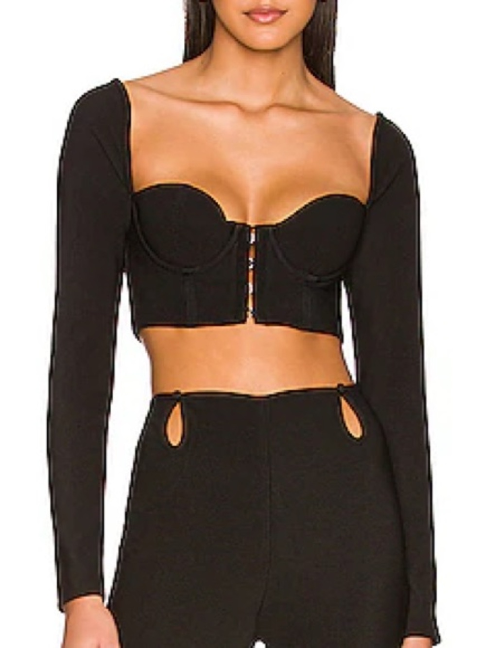 Camila Coelho Black Long-Sleeve Bustier Crop Top